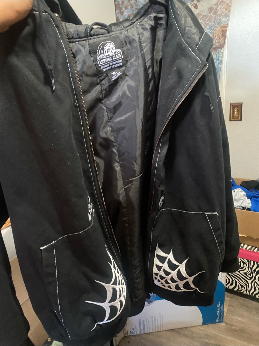 Lurking Class Black Hooded Shirt Jacket with Spiderweb Pocket Graphics